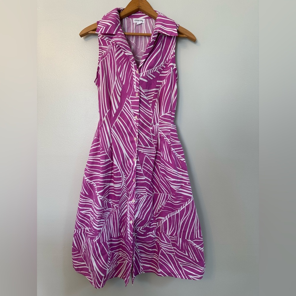 Sleeveless Purple White Leaf Sleeveless Button Front Back Tie Midi Dress Size M